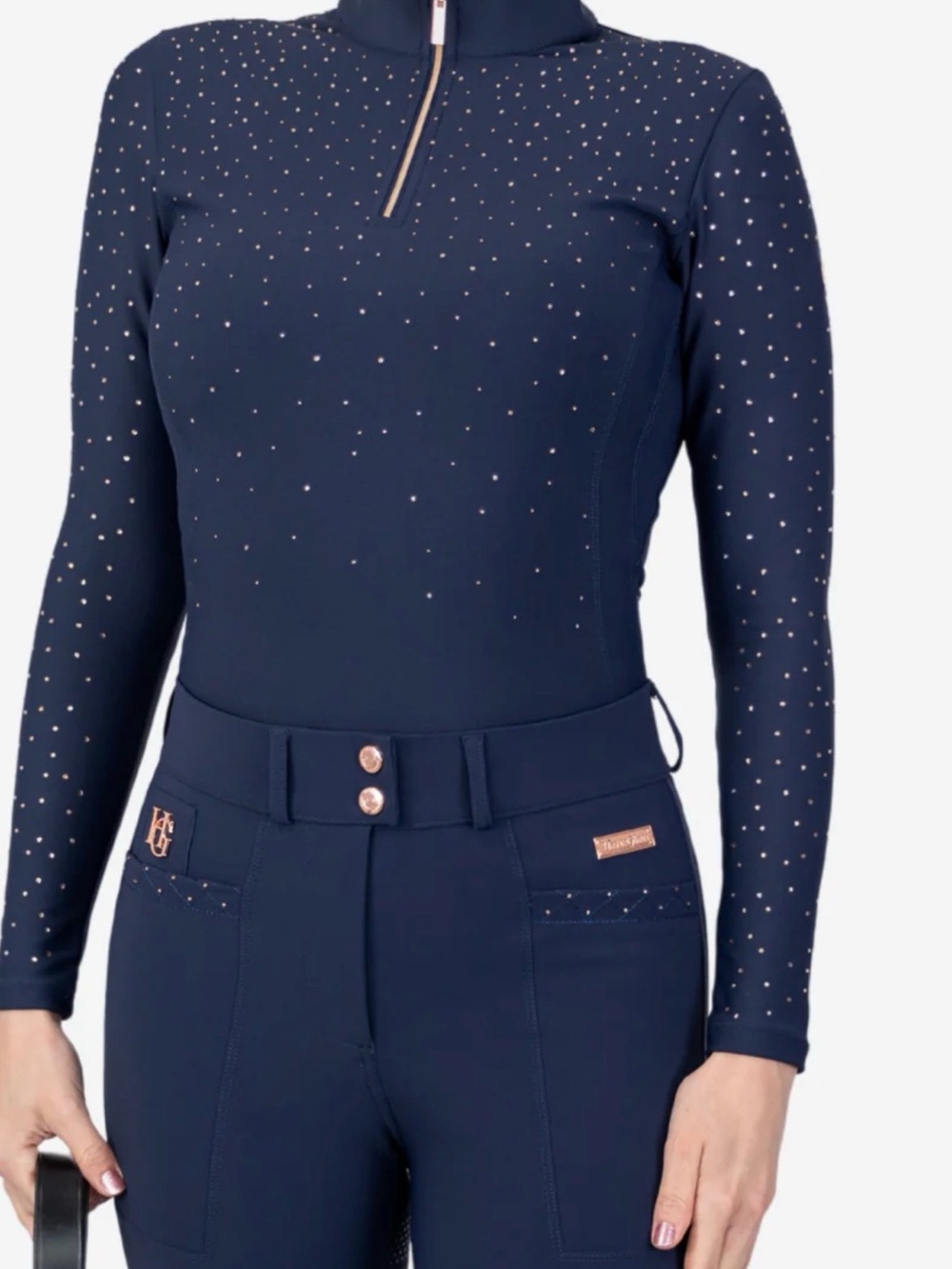 Horsegloss Kylie Base Layer Navy Lg Sleeve Quarter Zip w/Rose GoldCrystal Detail